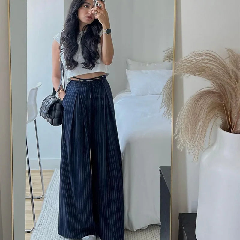 Women's Minimalist Pleated Stripe Wide Leg Suit Pants – Casual Office Oversize Trousers