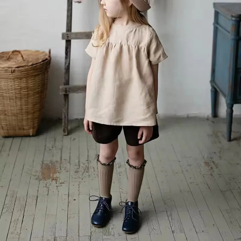 Girls Back Bow Tie Linen Long Sleeve Blouse – Solid Casual Loose Autumn Top