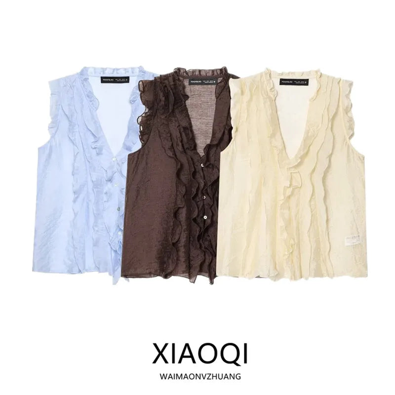 Women's Drapey V-Neck Overlap Decoration Top – Elegant Commute Summer Blouse