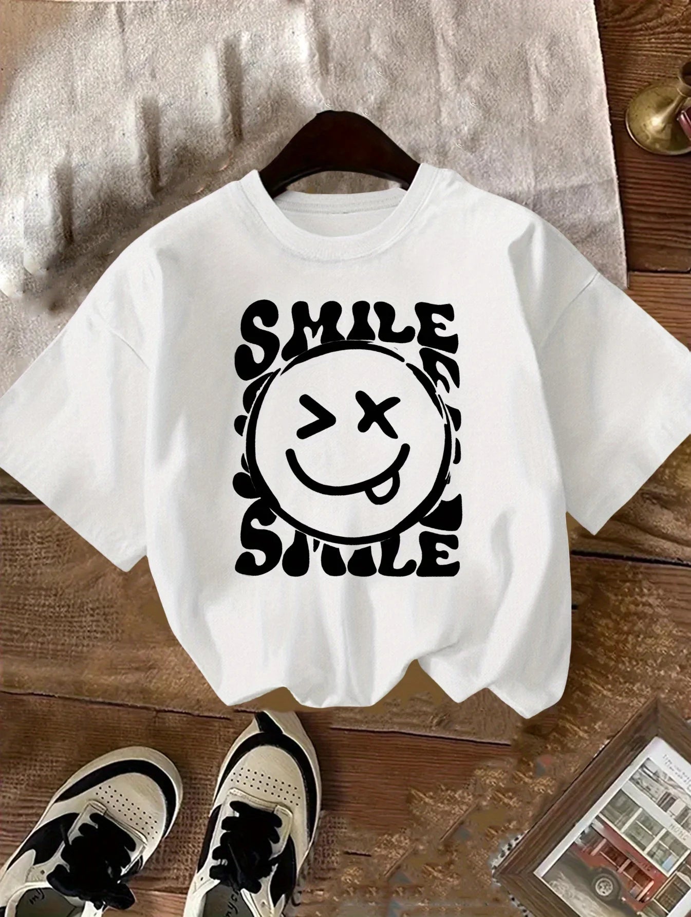 Girls Smiley Face Letter Print Cotton T-Shirt – Cute Short Sleeve Summer Top