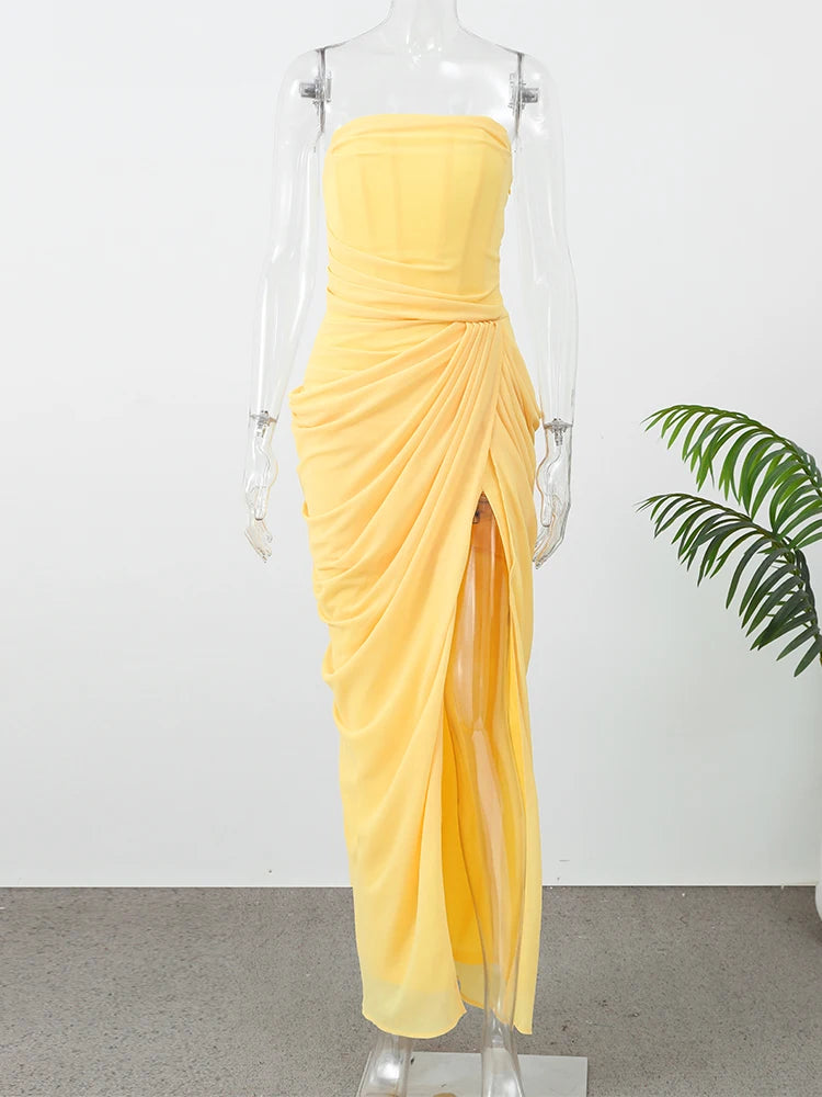 Women's Strapless Pleated Maxi Gown with Split – Elegant Yellow Waist Cinching Evening Dress