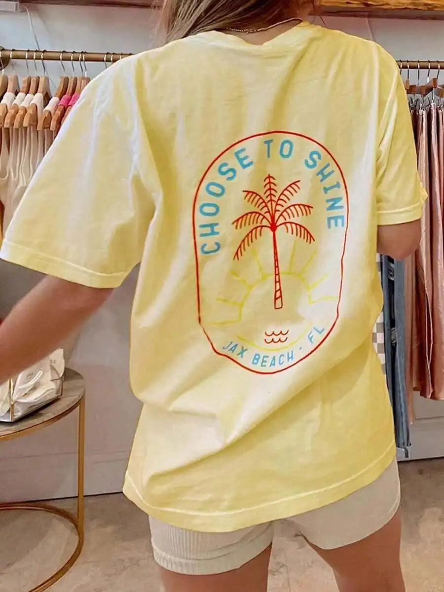 Women's Y2K Coconut Tree Graphic Oversized T-Shirt – Short Sleeve Round Neck Loose Tee