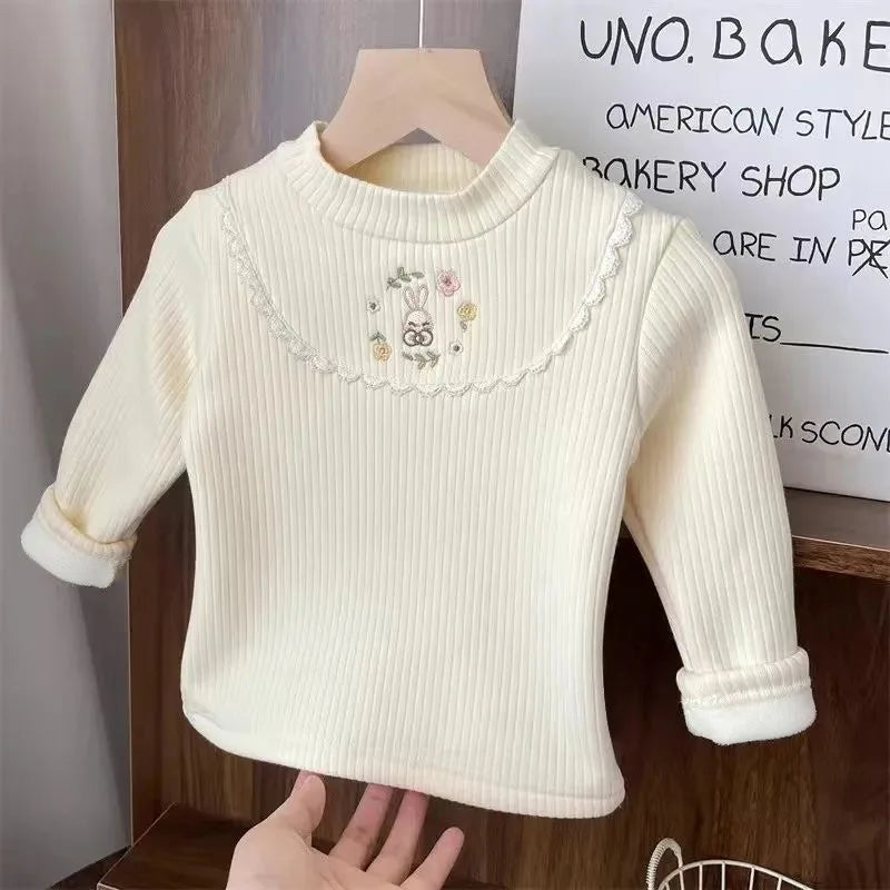 Girls Cartoon Embroidery Velvet Long Sleeve Top – Warm Half-High Collar Base Shirt