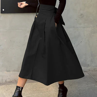Women's Korean Big Swing Bow High Waist Long Skirt – Solid Color Slim Autumn Skirt