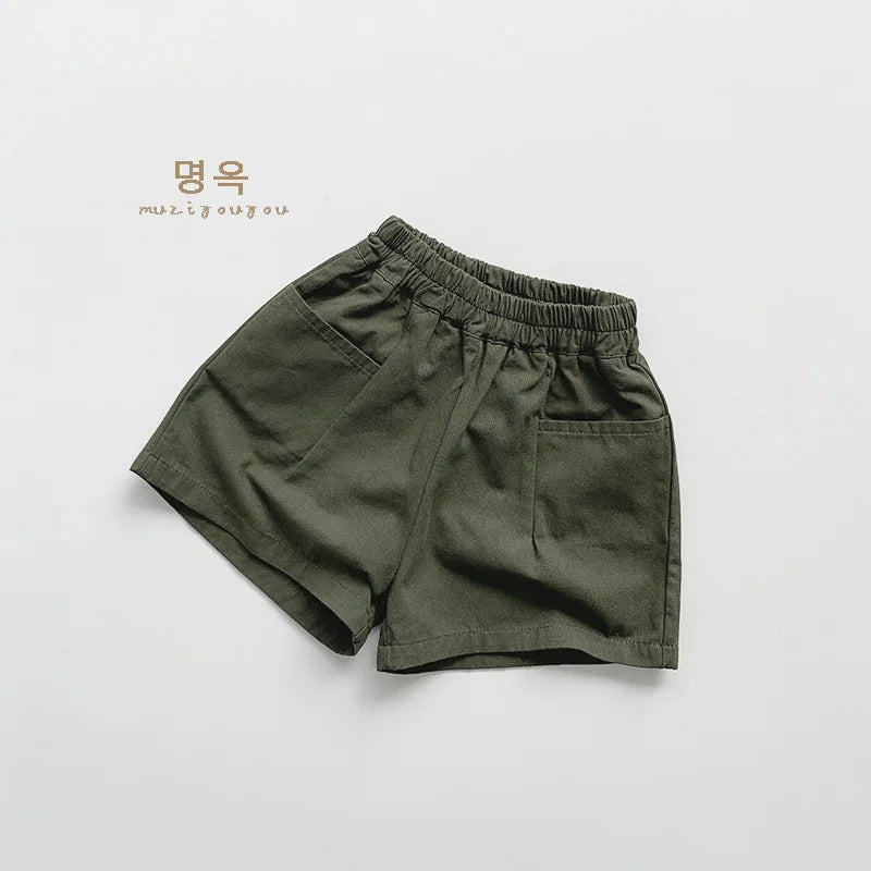 2026 Summer New Children Loose Shorts Solid Vintage Girls Casual Shorts Baby Boys Versatile Pocket Short Pants Kids Clothes