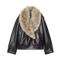 Women's Faux Leather Jacket – Removable Fur Collar Double-Breasted Casual Coat