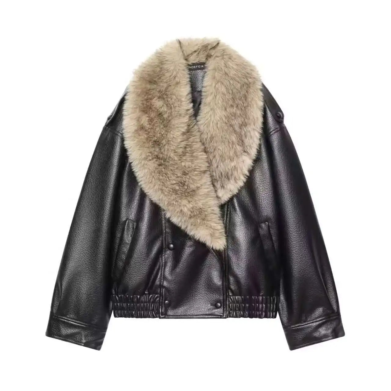Women's Faux Leather Jacket – Removable Fur Collar Double-Breasted Casual Coat