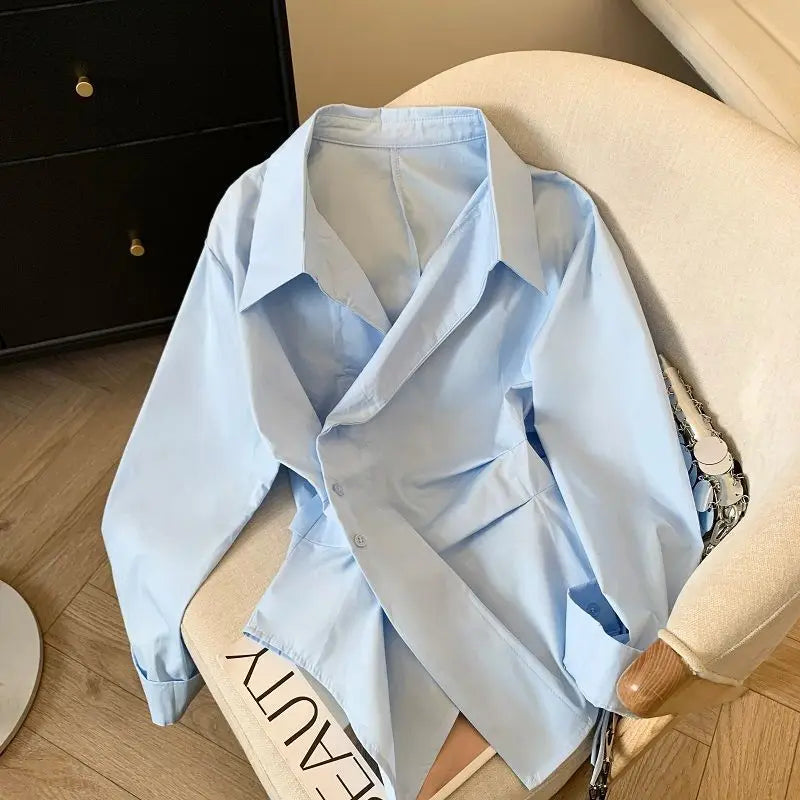 Women's Irregular Long Sleeve Polo Tunic Shirt – Elegant White Basic Work Blouse