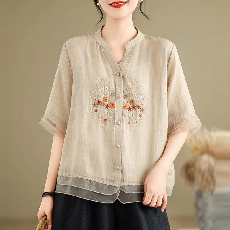 Women's V-Neck Floral Embroidery Half Sleeve Shirt – Vintage Loose Casual Summer Top