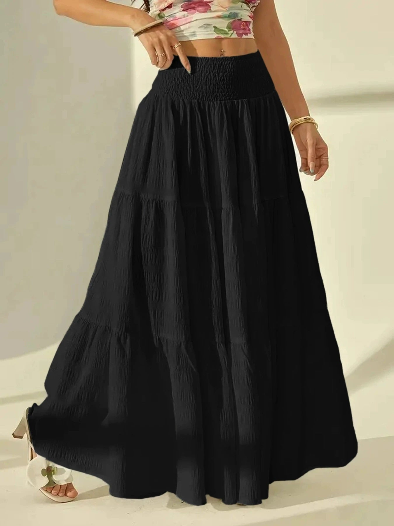 Women's Plus Size Layered Long Skirt – Casual Solid Elastic Waist Holiday Skirt