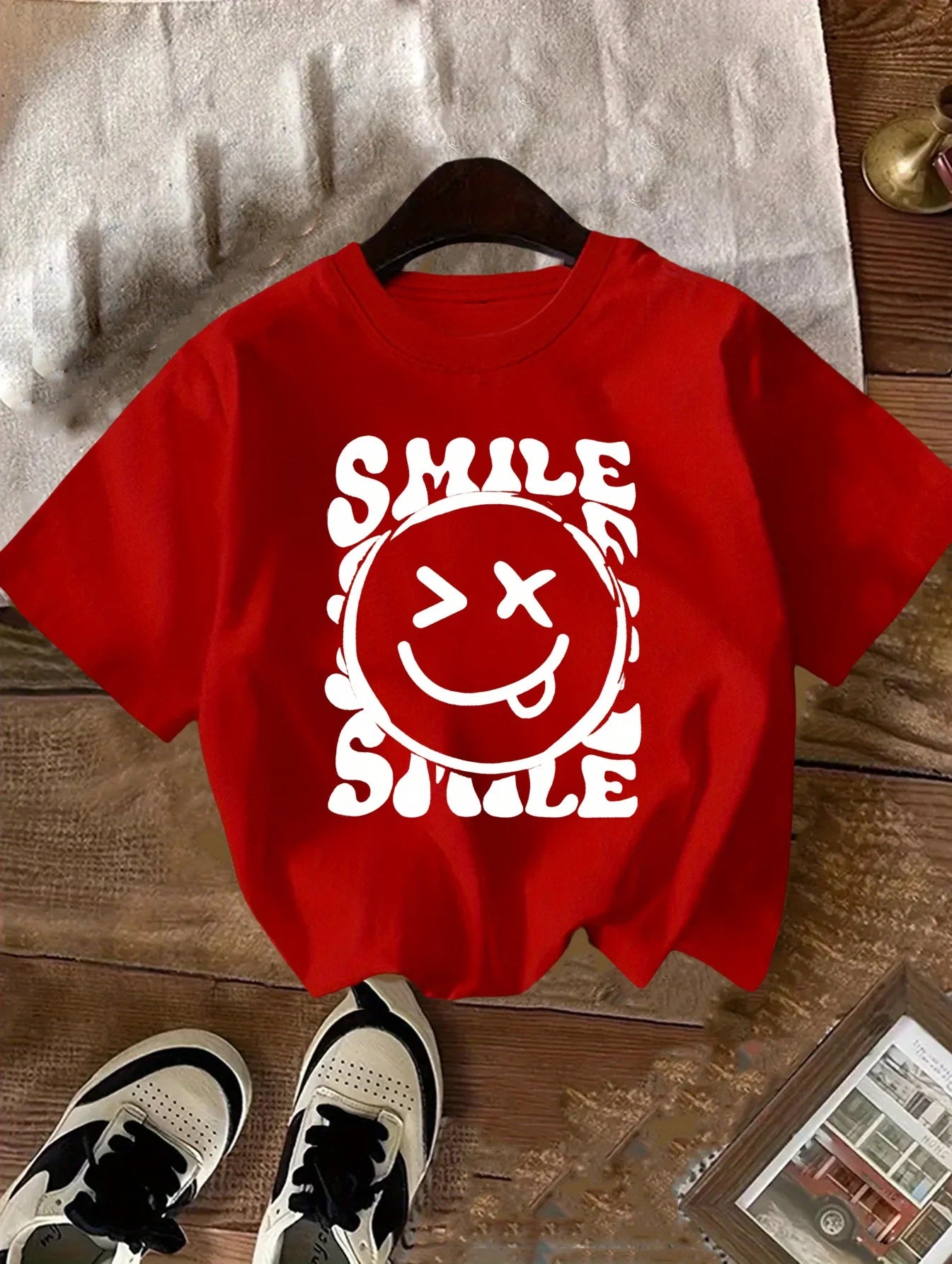 Girls Smiley Face Letter Print Cotton T-Shirt – Cute Short Sleeve Summer Top
