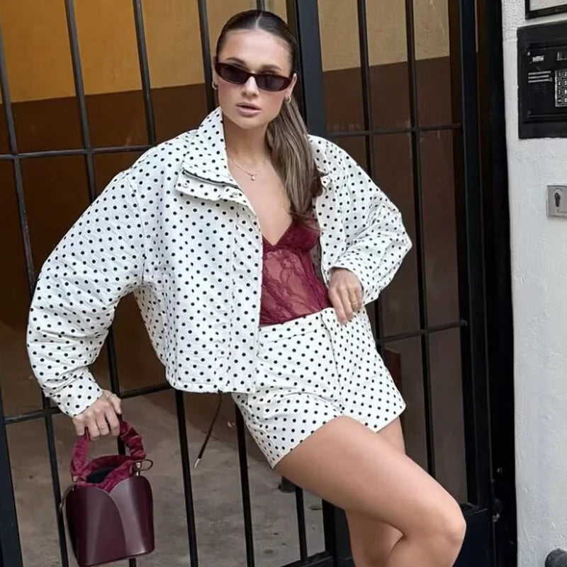 Women's Polka Dot Oversized Bomber Jacket – Long Sleeve Zip-Up Crop Aviator Coat