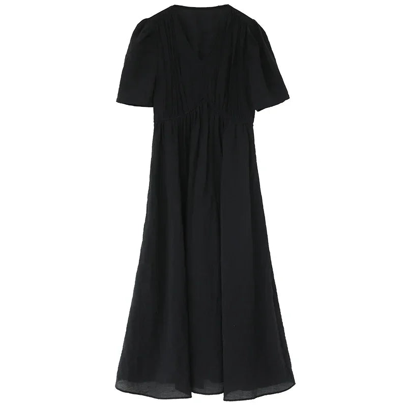 CHIC VEN Fashion Women Dresses Vintage V-neck Puff Sleeve Long Dress Solid White Loose Female Clothing Summer New 2026