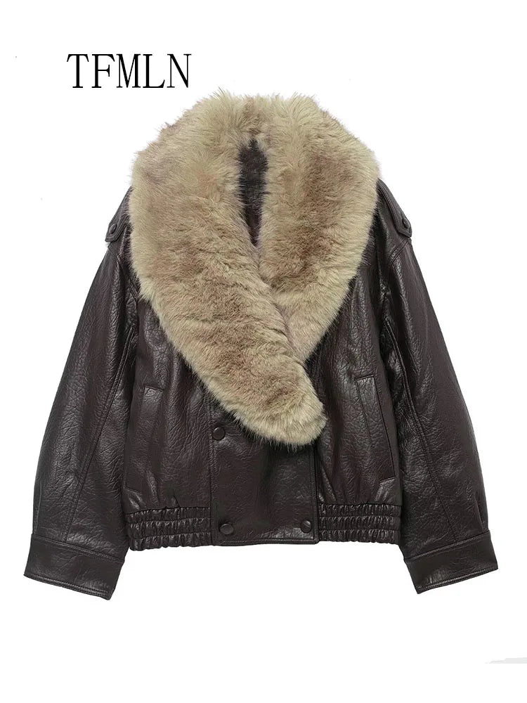Women's Faux Leather Jacket – Removable Fur Collar Double-Breasted Casual Coat