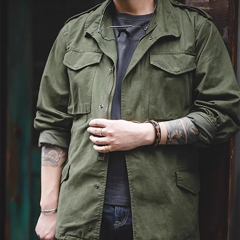 M65 Field Jacket, Men's Military Jacket, Retro Multi Pocket Collar Zipper Jacket, 100% Cotton