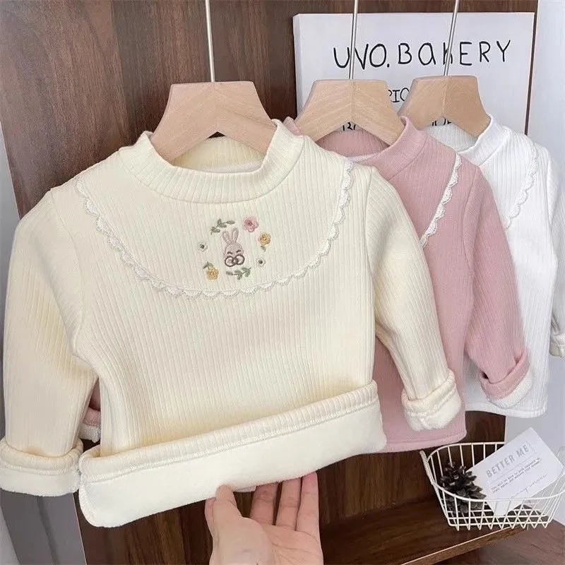 Girls Cartoon Embroidery Velvet Long Sleeve Top – Warm Half-High Collar Base Shirt