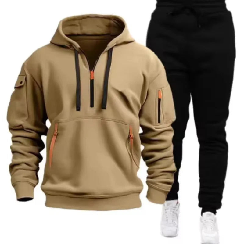 Men's Multi-Pocket Hoodie & Jogger Pants Set – 2-Piece Fitness Tracksuit