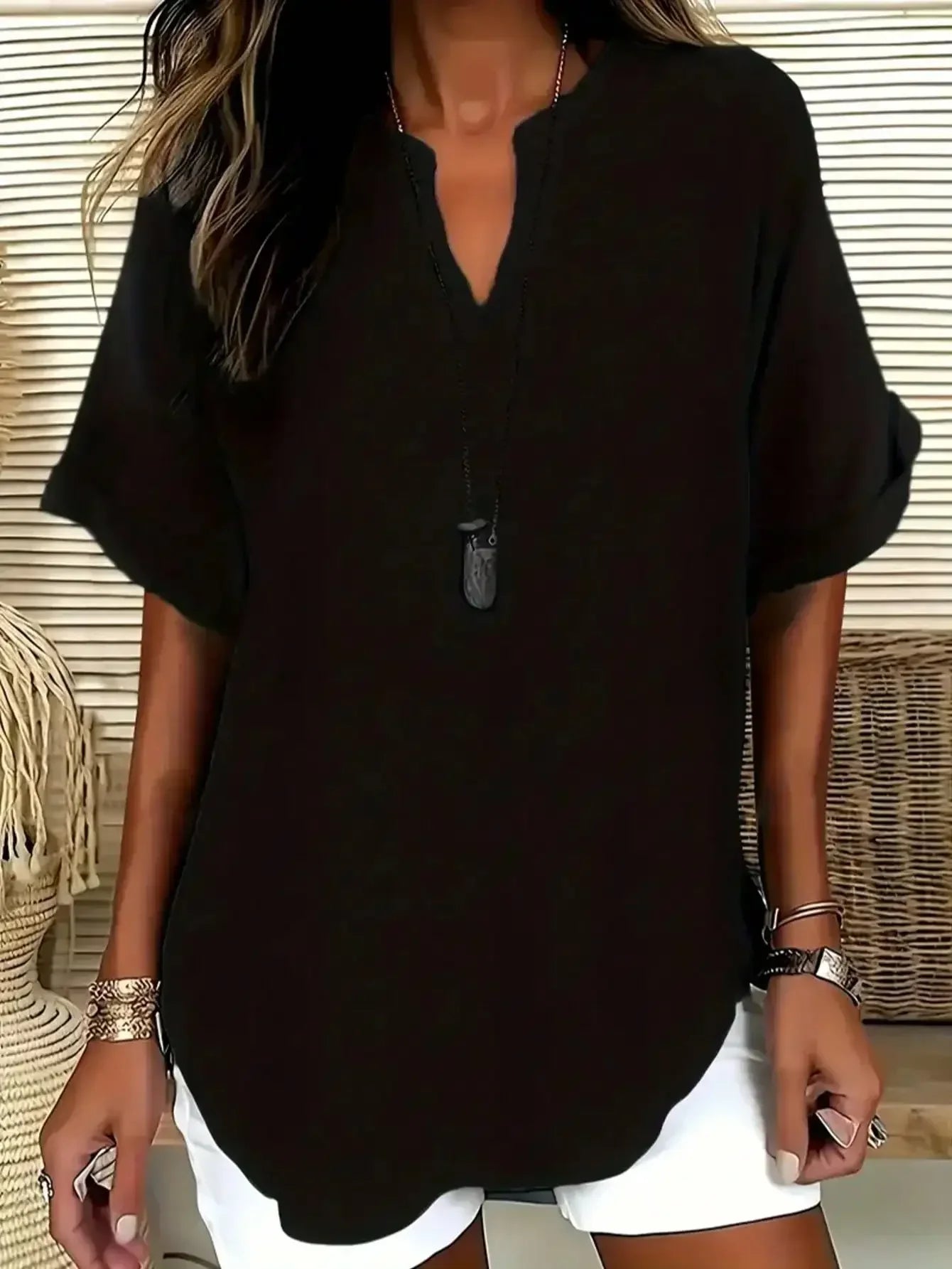 Plus Size 1XL-5XL New Women's Fashion Solid Color Notched Top Ladies Casual Short Sleeve Comfort V-Neck Blouse Shirt Tops