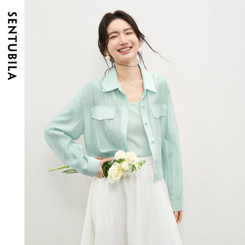 SENTUBILA Lyocell Shirt Women Sun Protection See-Through Tops 2026 Spring Summer Short Shirt Jacket Woman Shackets Q61WF6012
