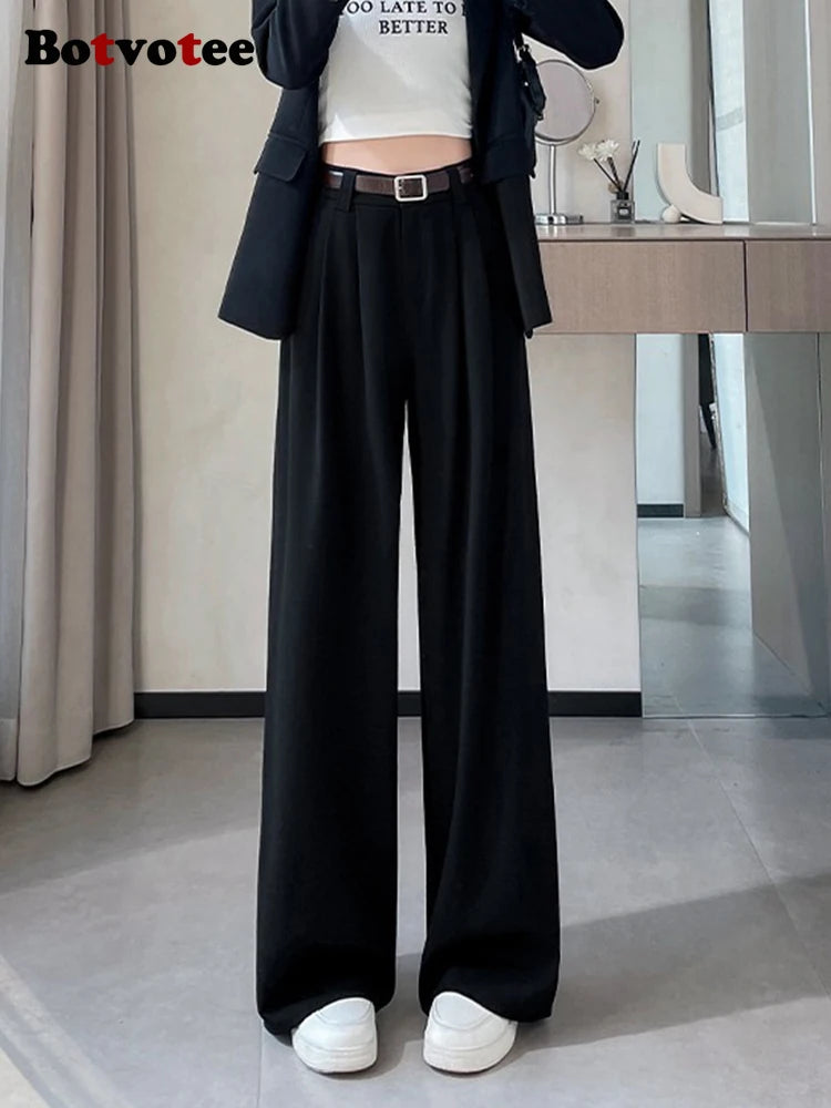 Women's High Waist Wide Leg Suit Pants with Pockets – Elegant Office Lady Trousers