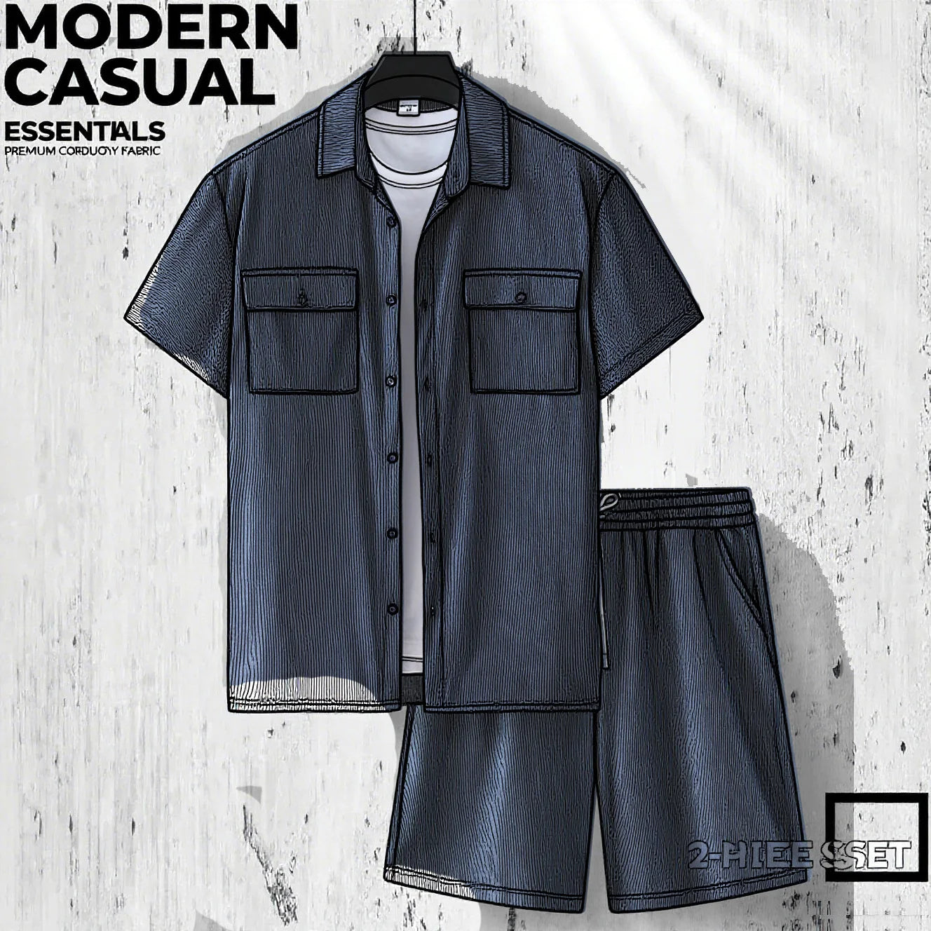 2025Summer street wear two-piece retro solid color corduroy shirt and shorts set men's fashionable and steady short sleeved set