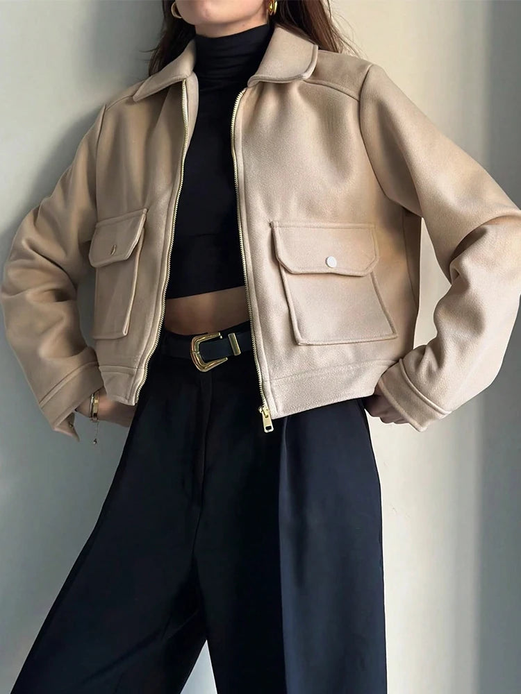 Women's Zipper Pocket Short Jacket Coat – Elegant Street Outerwear