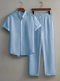 Men's Two Pieces Casual Outfit Loungewear Solid Color Textured Short Sleeve Button Down Shirt and Long Drawstring Pants
