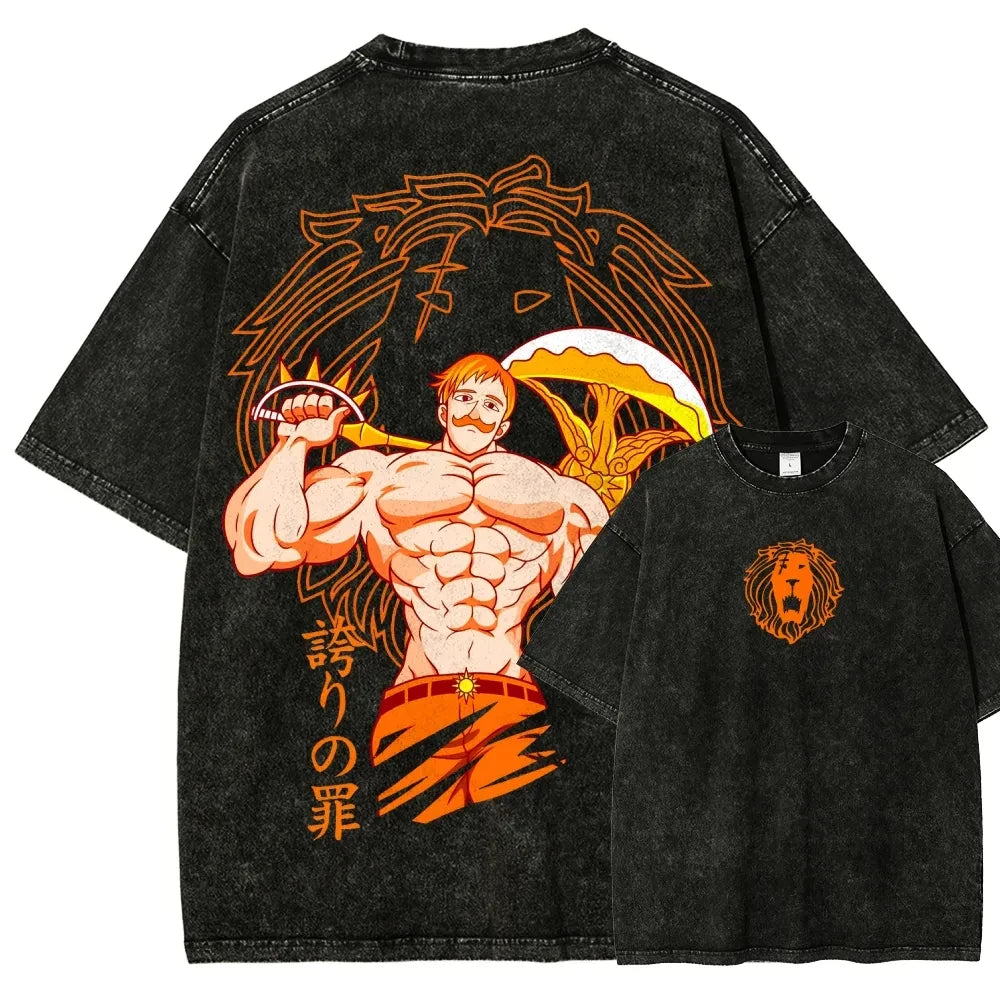 Japan Hot-blooed Anime Seven Deadly Sins Escanor Graphic Print T-shirt Men Women Fashion Vintage Washed Cotton Tee Oversized Top