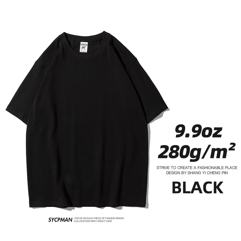 Sypcman Men's Oversized T-Shirt 9.9oz 280 Grams Heavy High Quality Short Sleeve Cotton Tee Solid Color Unisex Streetwear
