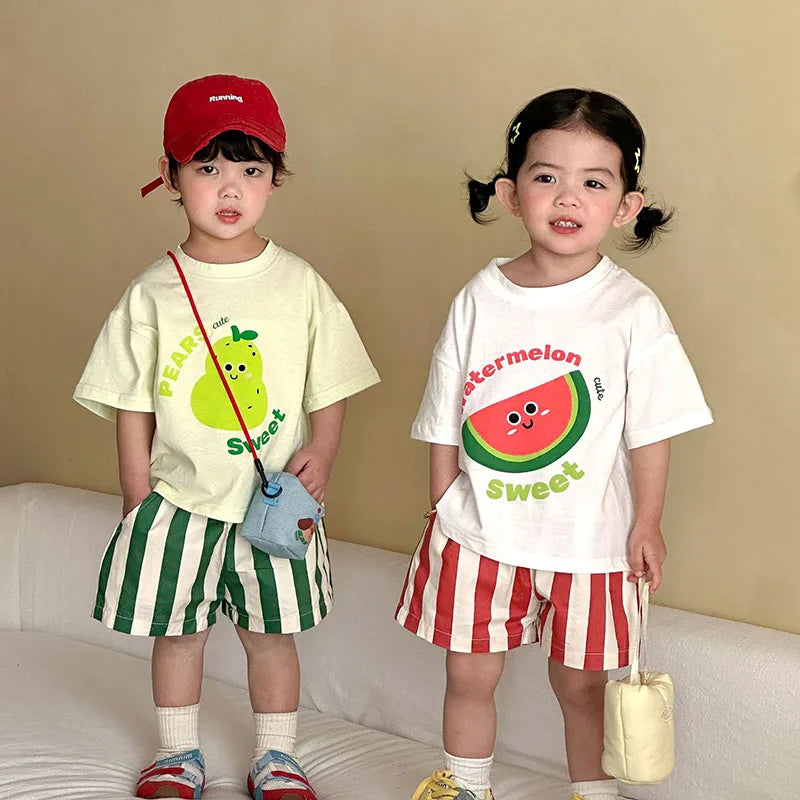 Girls Cartoon T-Shirt & Striped Shorts Set – Cotton Loose 2-Piece Summer Outfit Ages 1–9