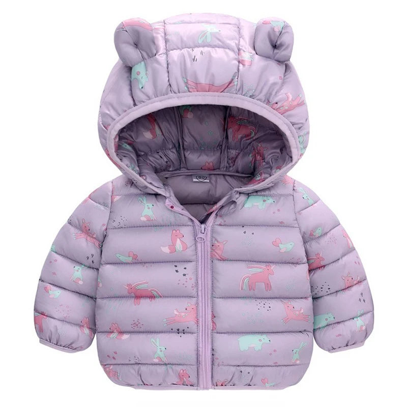 Kids Cartoon Dinosaur Hooded Warm Jacket – Lightweight Winter Outerwear Ages 0–5