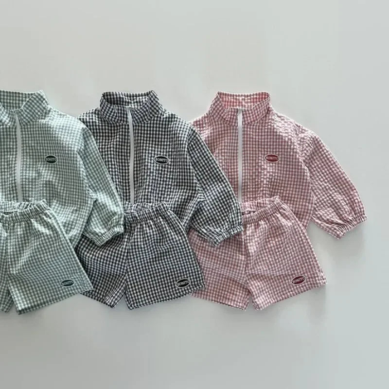 Boys Korean Plaid Sun Coat & Shorts Set – Long Sleeve Zipper 2-Piece Summer Outfit