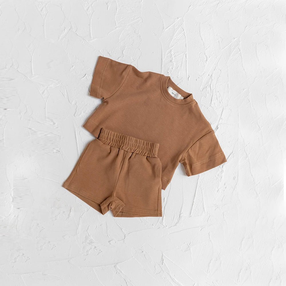 Kids Solid Color T-Shirt & Shorts Summer Set – Soft Casual 2-Piece Outfit