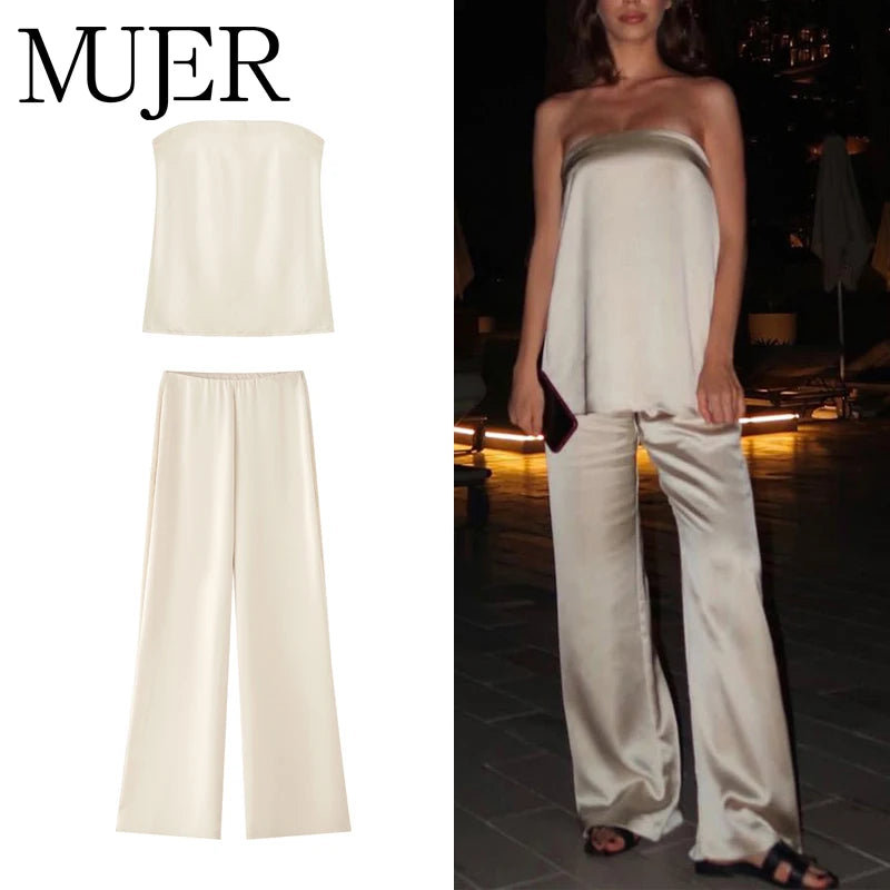 Women's Satin High Waist Straight Leg Holiday Pants – Casual Summer Trousers