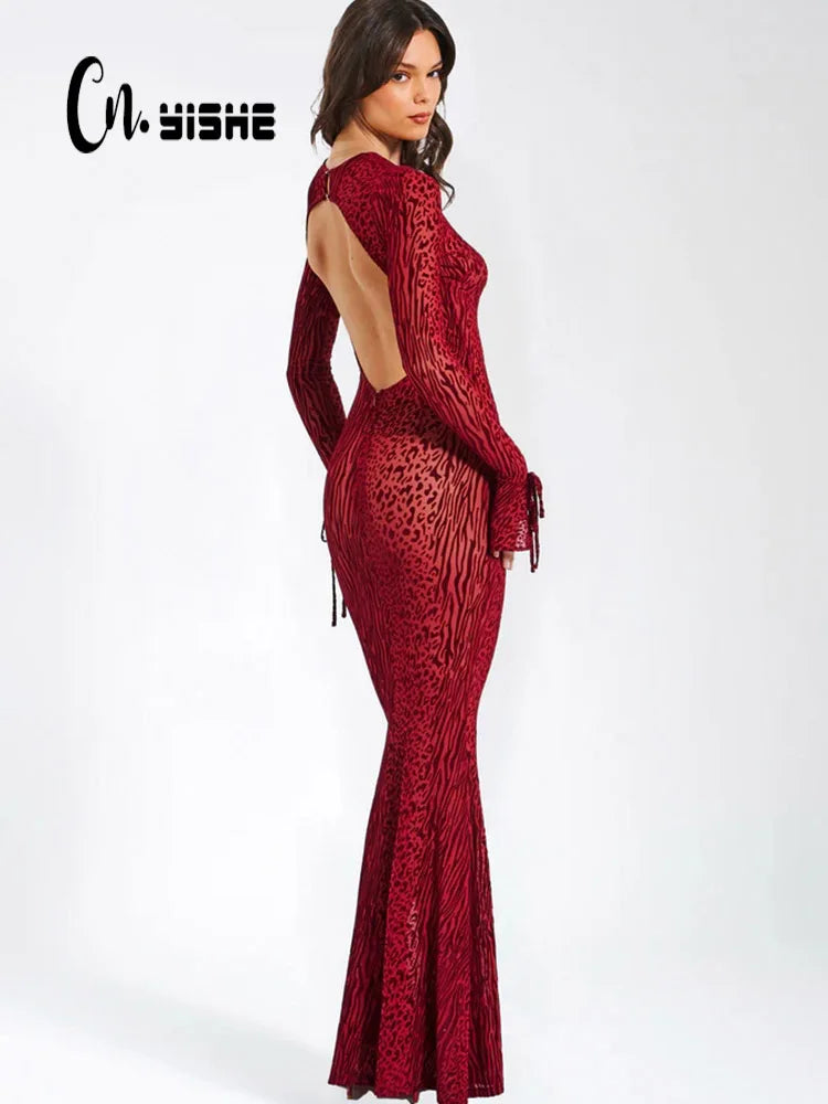 CNYISHE O Neck Leopard Bodycon Women Dresses Sexy Club Outfits Backless Long Sleeve Sheath Hollow Out Fashion