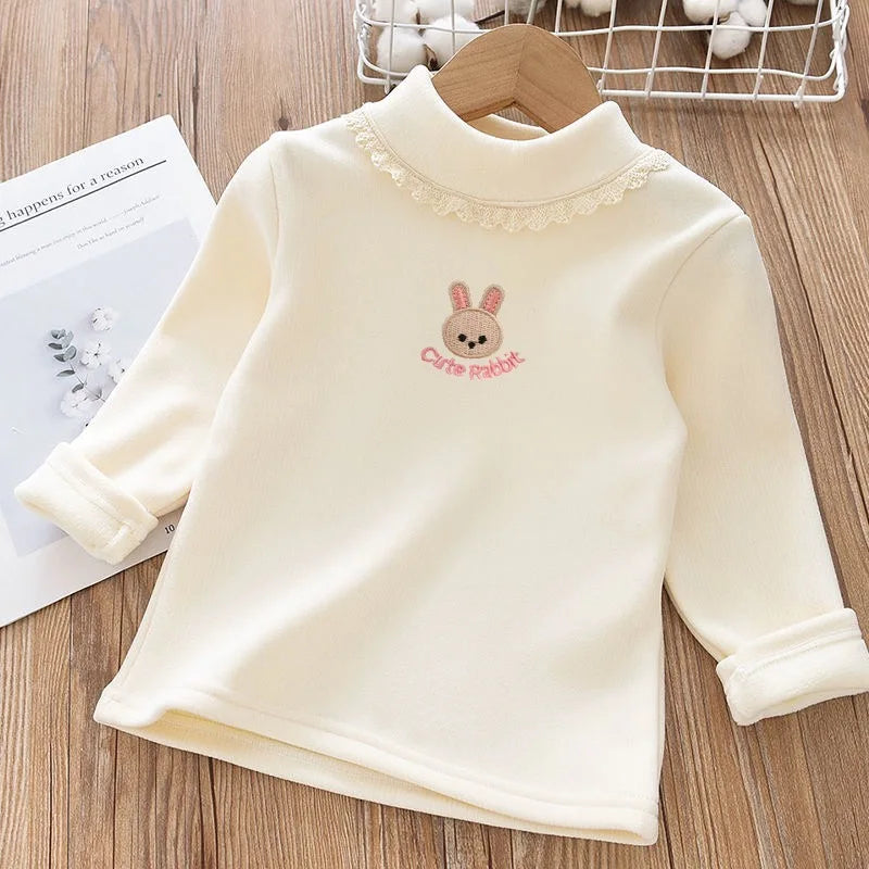 Girls Rabbit Embroidery Velvet Long Sleeve Top – Warm Half-High Collar Base Shirt