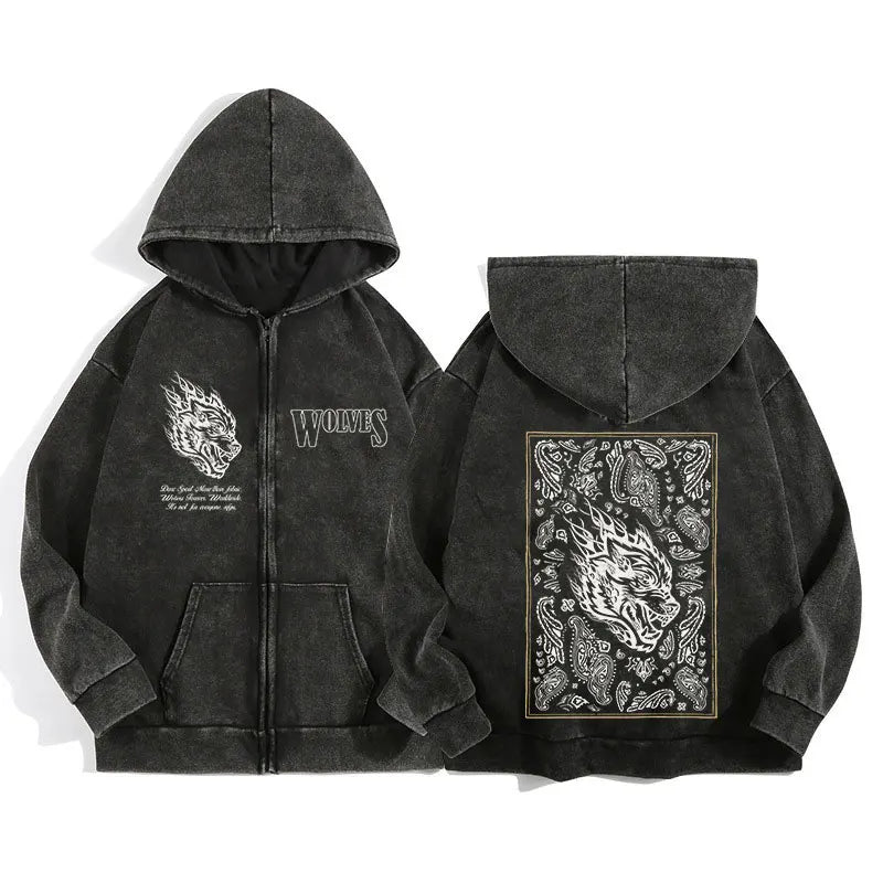 Darc Wolves Gothic Harajuku Zip Hoodie Jacket – Cotton Print Manga Sweatshirt