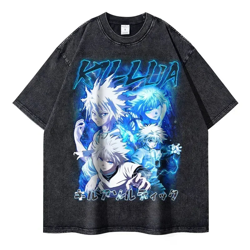 Kurapika T-shirts Vintage Washed Anime Hunter T Shirt Oversize Manga Killua Zoldyck Gon Hisoka Chrollo Tops Tees Men 100% Cotton