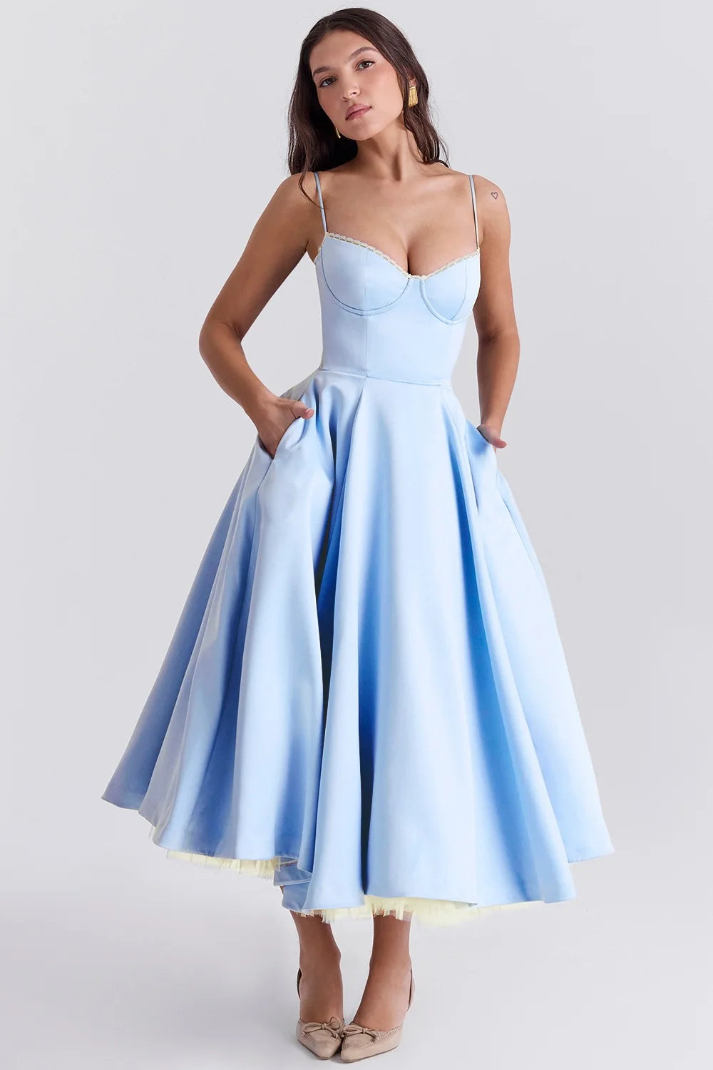 Women's Satin Strapless French Midi Dress – High-End Waist Strap Sexy Elegant Gown