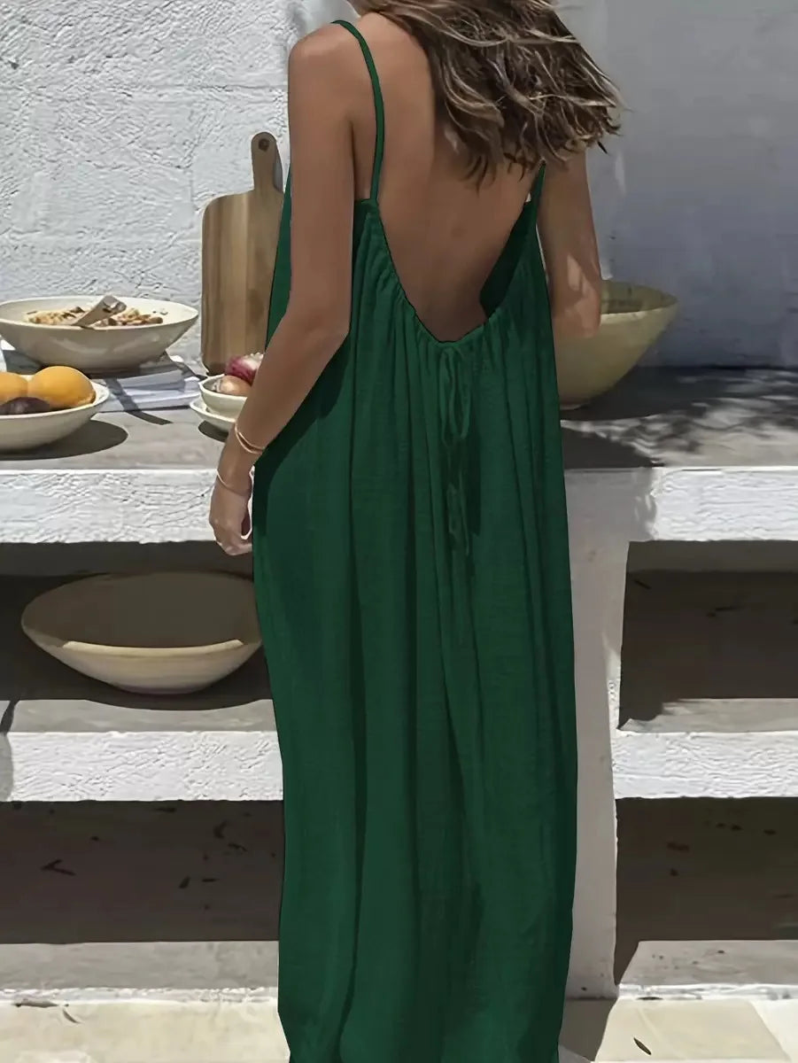Women's Loose Spaghetti Strap Casual Summer Dress – Solid Color Vacation Homewear