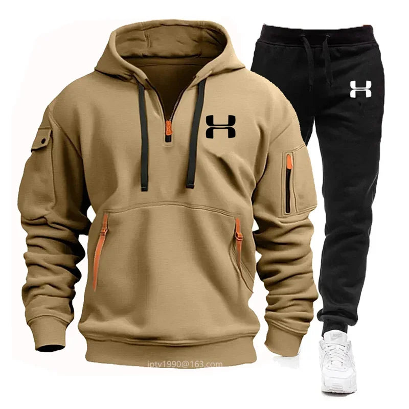 Men's Multi-Pocket Hoodie & Jogger Pants Set – 2-Piece Fitness Tracksuit