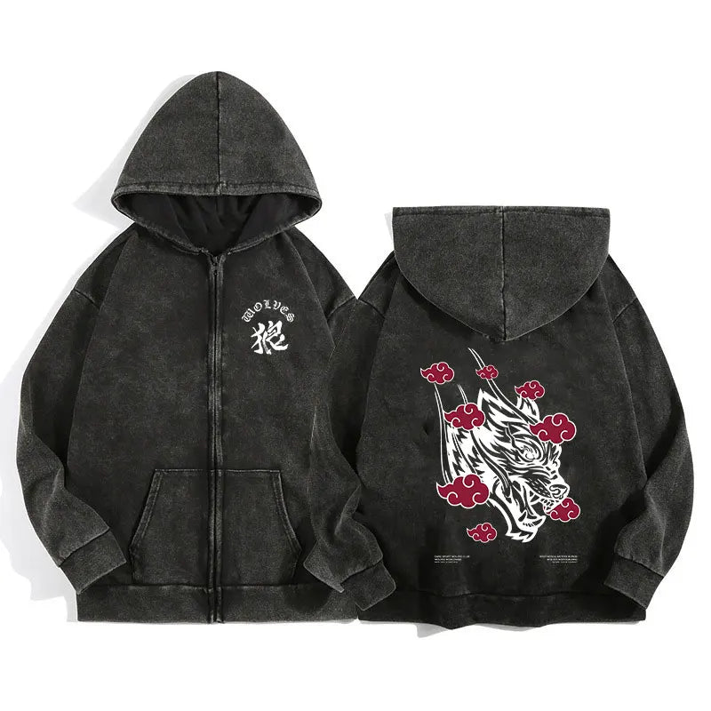 Darc Wolves Gothic Harajuku Zip Hoodie Jacket – Cotton Print Manga Sweatshirt
