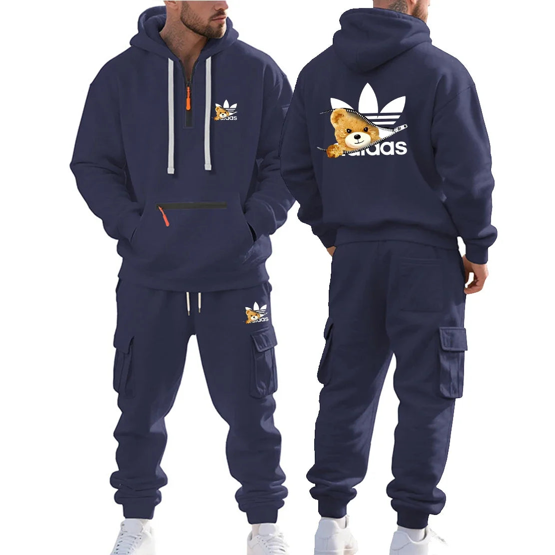 Autumn and Winter Printed New Men's Velvet Hoodie, Work Clothes, Pants Set, Sports Fashion, Leisure Multi Pocket 2-piece Set