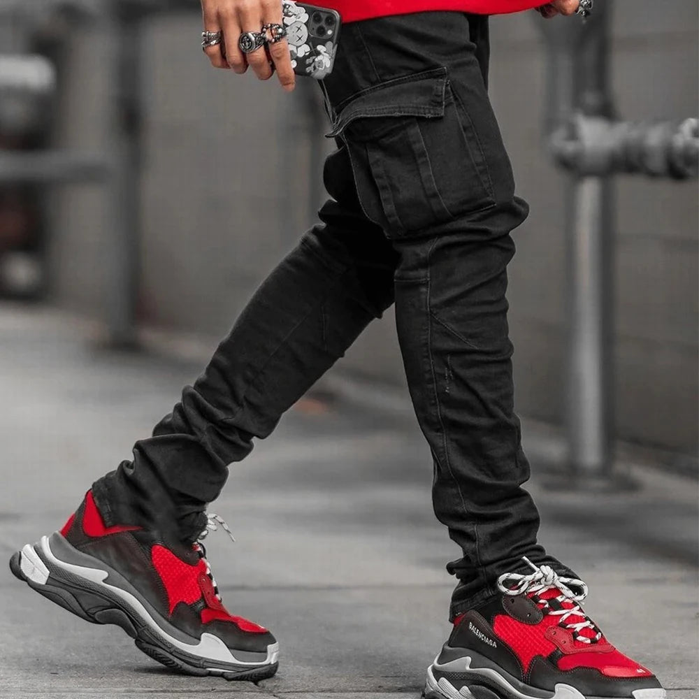 Men's Elastic Denim Cargo Jogger Jeans – Slim Fit Multi-Pocket Street Trousers