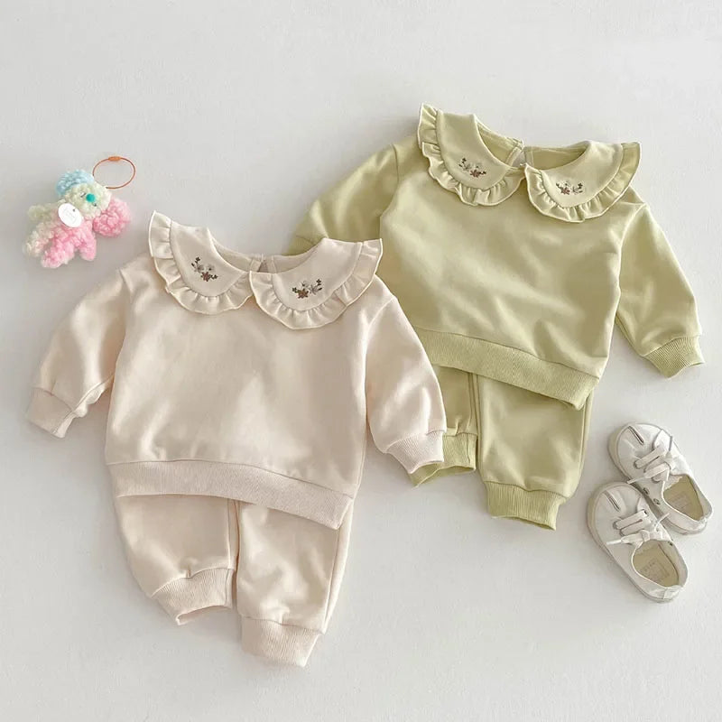 2025 New Spring 0-4Yrs Infant Baby Girls Clothing Set Long Sleeved Cotton Embroidery Pullover+Pants Toddler Baby Clothes Suit