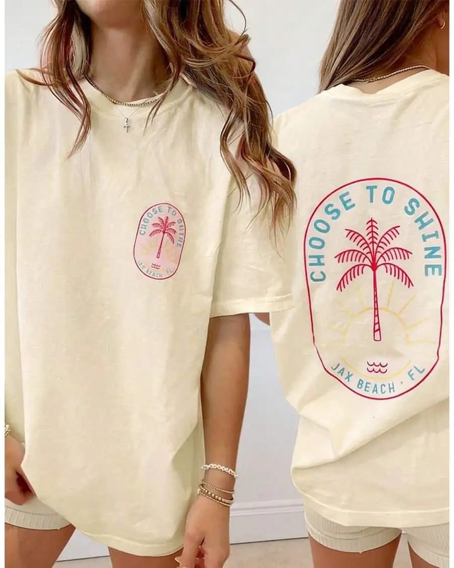 Women's Y2K Coconut Tree Graphic Oversized T-Shirt – Short Sleeve Round Neck Loose Tee