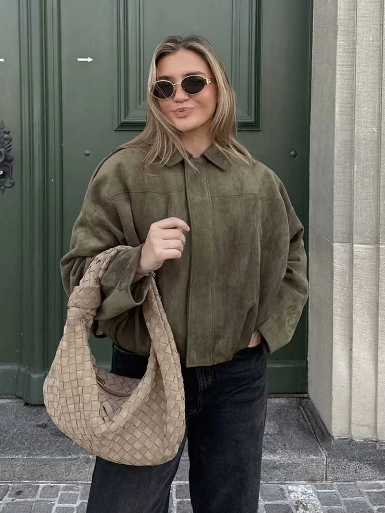 Women's Green Suede Oversize Bomber Jacket – Long Sleeve Zipper Casual Street Coat