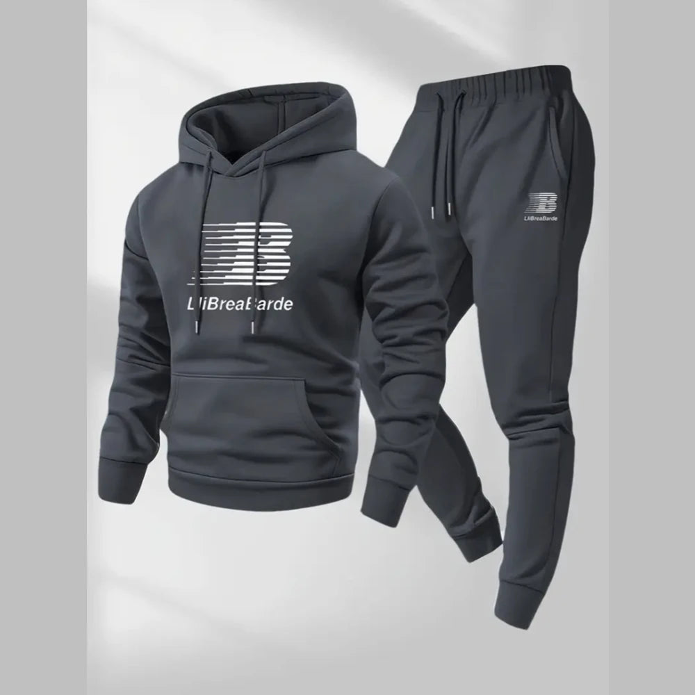 Men's letter printed casual hooded sports set -100% polyester fiber long sleeved pullover paired with drawstring running pants,