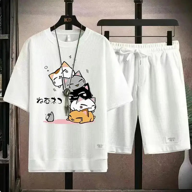 2024 Men's Summer Waffle Set Brand Fashion Casual T-shirt+Shorts Set Men's Sports Set Loose ComfortableSlo Two-piece Set