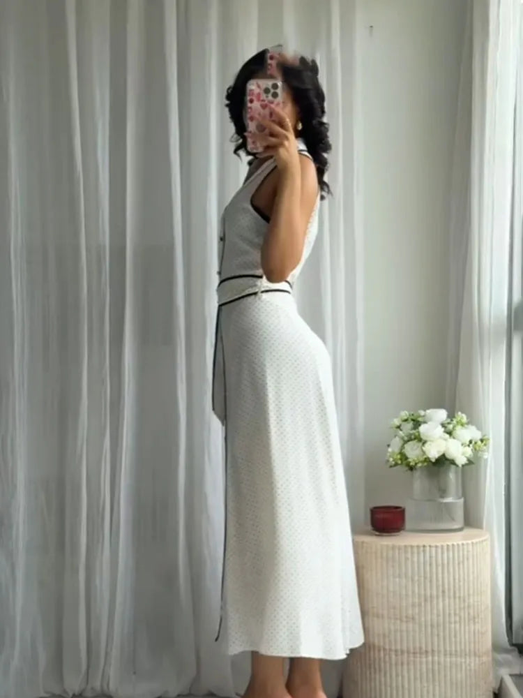 HH Woman Elegant Chic Sleeveless Single-breasted Midi Dress Summer Women Sexy White Polka Dot Shirt Style Chart Dress Mujer
